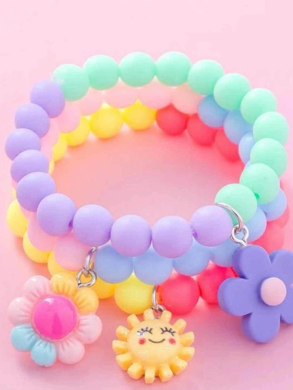 Kids Pastel Flower & Sun Bead Bracelet Set - Purple, Mint, Yellow, Pink